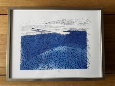 David Hockney Wasser mit Linien und Buntstift & zwei blauen Waschungen Druck gerahmt 