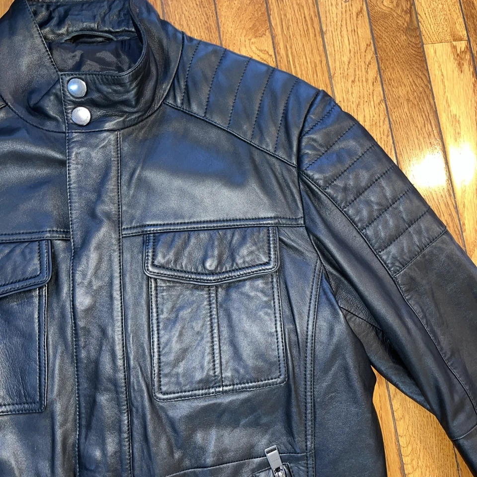 Hugo Boss Leather Jacket Mens Medium 38R Black Motorcycle Moto Quilted Askon - Image 3 of 4
