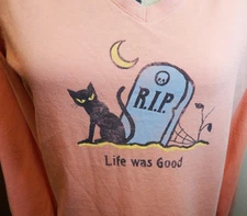 Halloween T-SHIRT Cat RIP LIFE WAS / IS GOOD SHIRT Long Sleeve Cotton Womens L