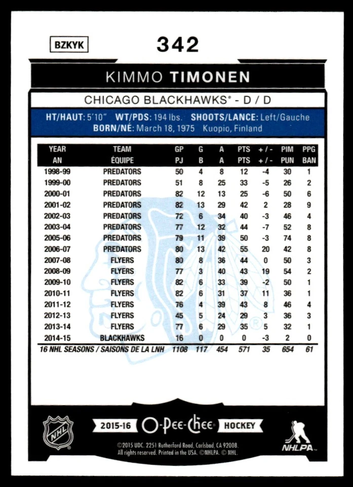 2015-16 O-Pee-Chee Rainbow Kimmo Timonen Chicago Blackhawks #342 - Image 2 of 2
