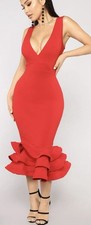 Small Fashion Nova Red Bodycon Ruffle Hem Midi Dress Deep V Neck