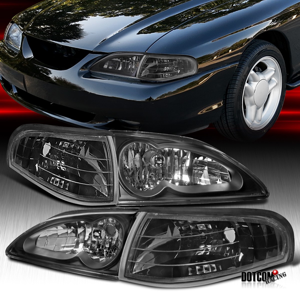 Fit 1994-1998 Ford Mustang Black Headlights+Corner Lights Turn Signal Lamps