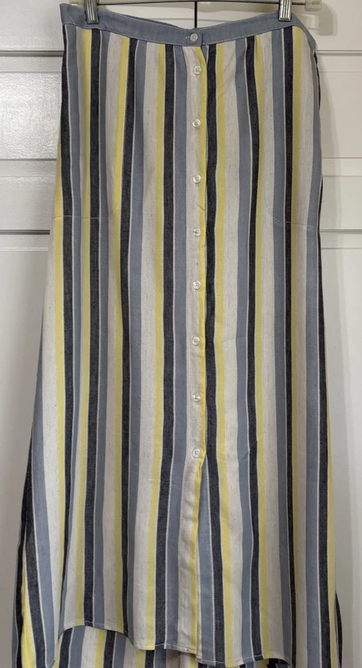 Falda midi Max Studio mezcla de lino botón frontal amarillo azul gris a rayas mediana Foto 3 de 4