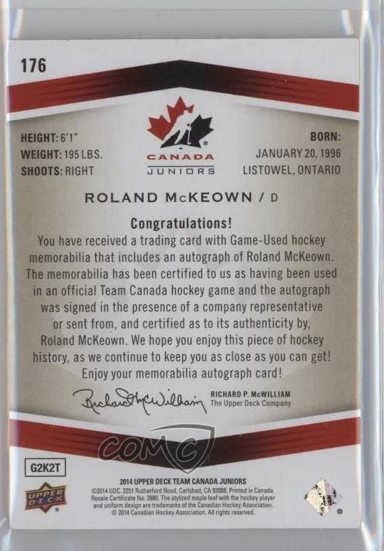 2014 Upper Deck Team Canada Juniors Jerseys /199 Roland McKeown #176 Patch Auto - Image 2 of 2