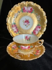 Antique Limoges Christmas Gift Coronet Heavy Gold Roses Trio Cup Saucer Plate