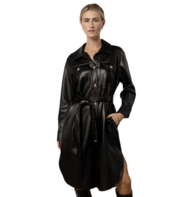 Bohme Women's Sz M Black Vegan Leather Button Front Midi Dress Jacket | eBay