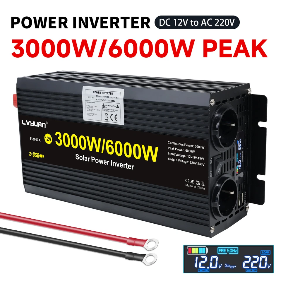 LVYUAN 3000W 6000W Spannungswandler 12V auf 230V Wechselrichter 2USB 2AC LCD-Anzeige