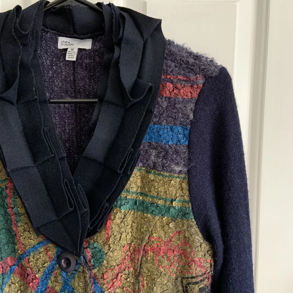 Linea Domani Pintado Suéter Cárdigan Tejido Blazer Volantes Cuello Lana Banda Talla M Foto 2 de 4