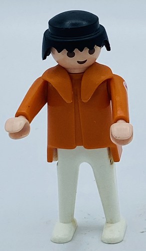 Vintage 1974 Geobra Lego Man Playmobil Figure Toy Orange Black Hair Wht/Red cros - Picture 5 of 6