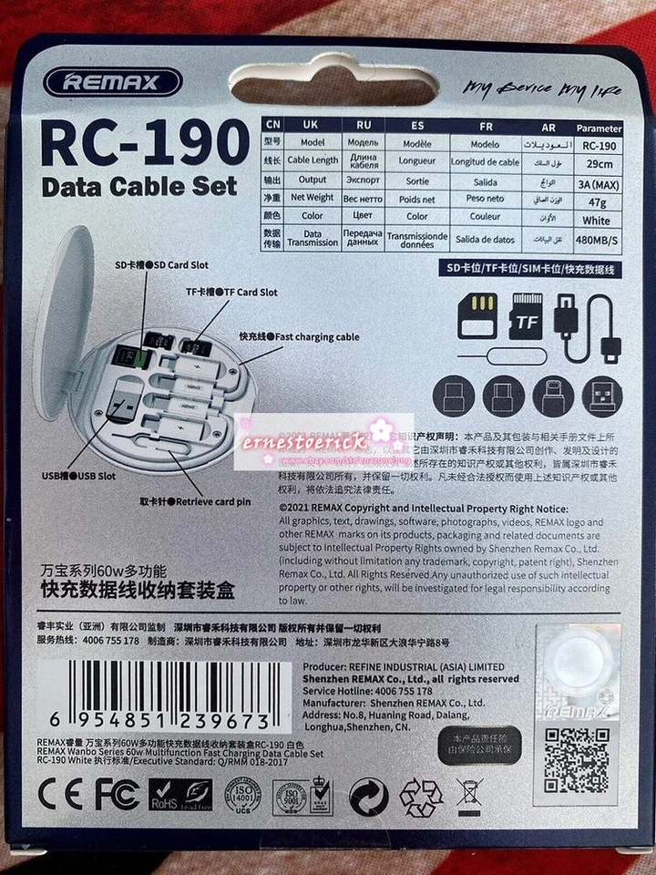 New REMAX RC-190 Multiple Connectors Data Fast Charging Cable Set 3A 60w White - Image 4 of 4
