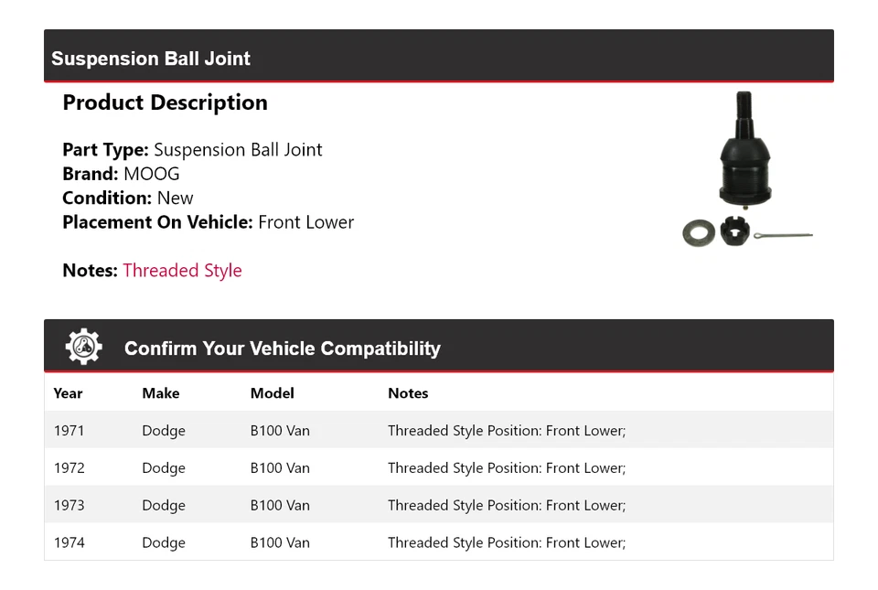 For 1971-1974 Dodge B100 Van Suspension Ball Joint Front Lower MOOG 1971 1972 - Image 2 of 4