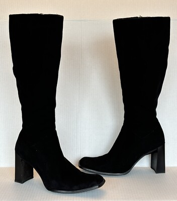 Carlos Falchi Womens 8.5 Black Suede Leather Knee High Boots Sexy Elegant Block
