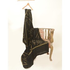 Sanskriti Vintage Black Long Shawl 100 Pure Woollen Handmade Suzani Throw Stole