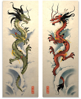 Asian Red And Green Dragon Art Poster Prints