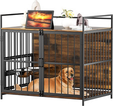 Furniture Style Large Dog Crate With 360 Adjustable Raised Feeder For Dogs 2