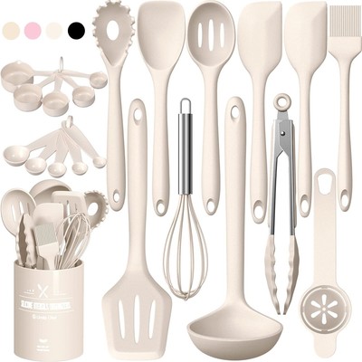 Silicone Kitchen Cooking Utensils Set, Umite Chef 22Pcs small, large, Khaki 