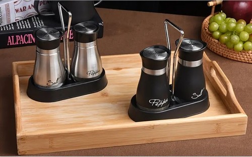 Pack of 2 Salt And Pepper Shakers Pots Dispensers Cruet Jars Set with Holder - Picture 3 of 4