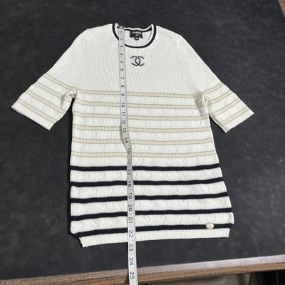 Chanel Sweater Womens 40 White Stripe Heart Logo Cashmere Crewneck