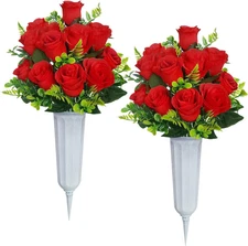 Artificial Cemetery Flowers,2 Sets Artificial Rose Flowers with Vase,Memorial Fl