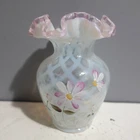 Fenton 6" Diamond Optic Vase White Pink Ruffled Rim