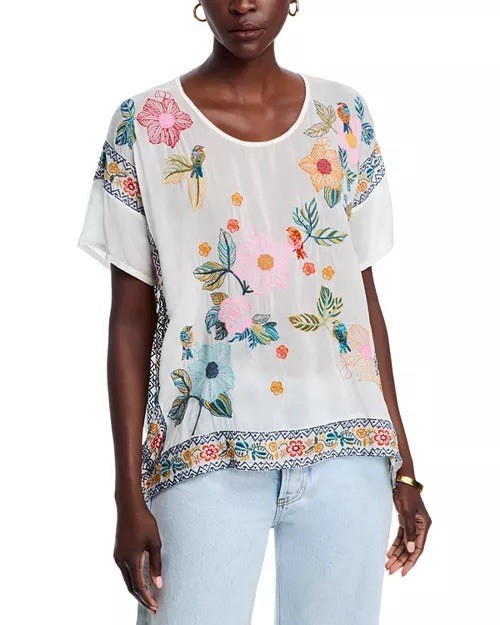 Johnny Was Mariafe Silk-Blend Blouse Women's  Small Floral Embroidered tropical