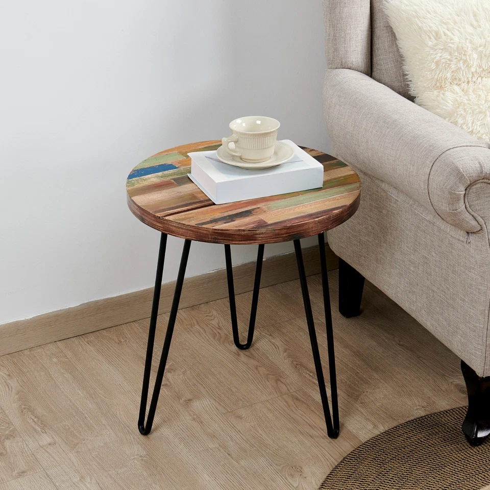 Greenage Side Table Reclaimed Wood Small Round Hairpin Leg End Table Night Stand - Image 3 of 4
