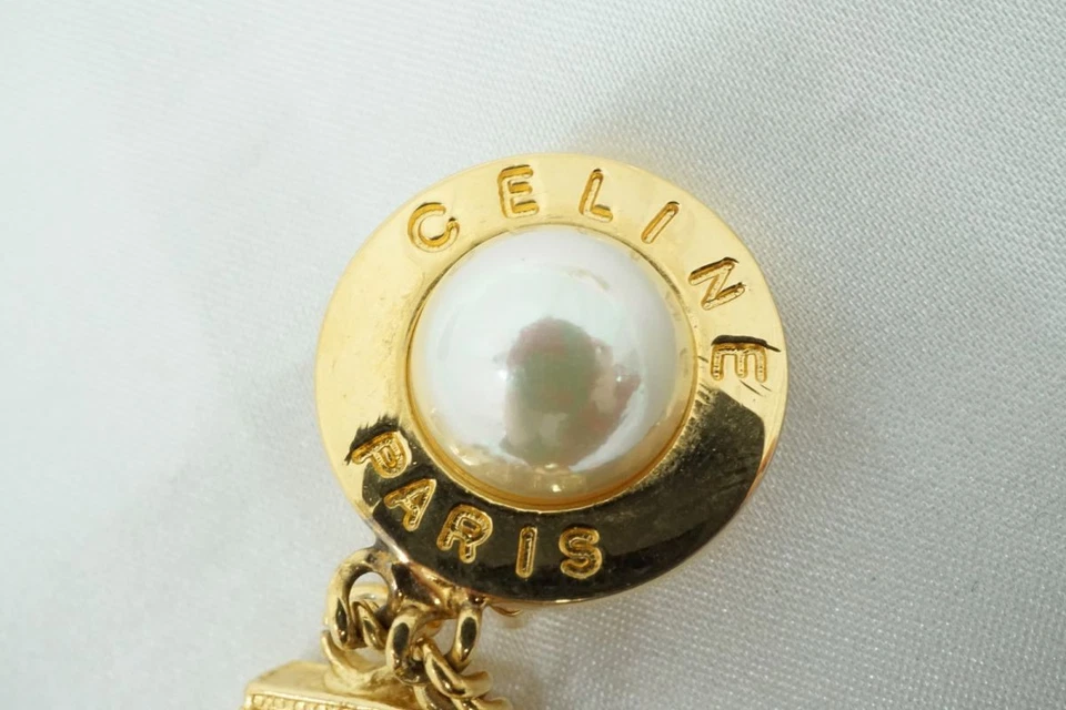 CELINE Vintage Earrings Logo Triomphe Star Ball Imitation Pearl Gold 4187j - Image 3 of 4