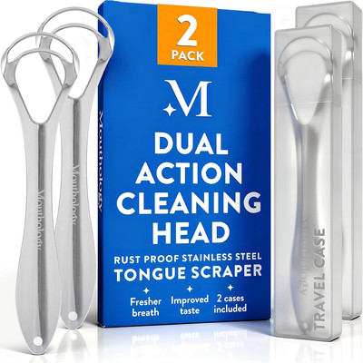 Tongue Scraper for Adults (2 Pack), Reduce Bad Breath (Travel Cases Included), S