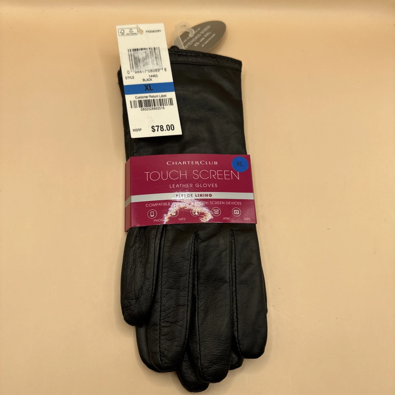 NWT XL Charter Club Women's Touch Screen Fleece Lining Leather Gloves Black