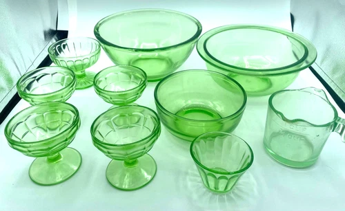 LOT 10 PCS Green Uranium Depression Glass Glow bowls dessert cups + some chips