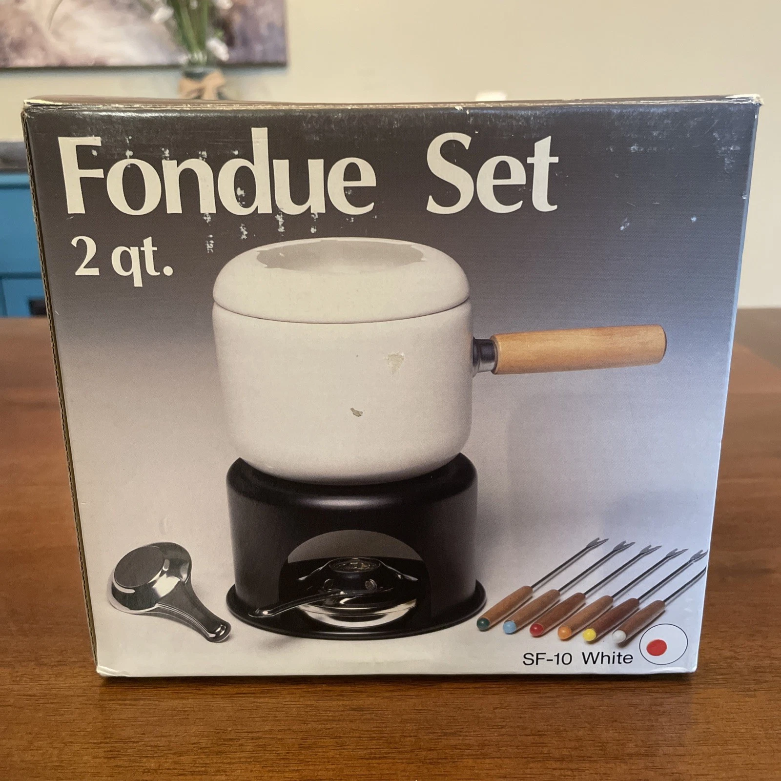 Fujiware America Fondue Set SF-10 2qt White Japan Porcelain Enamel On Steel