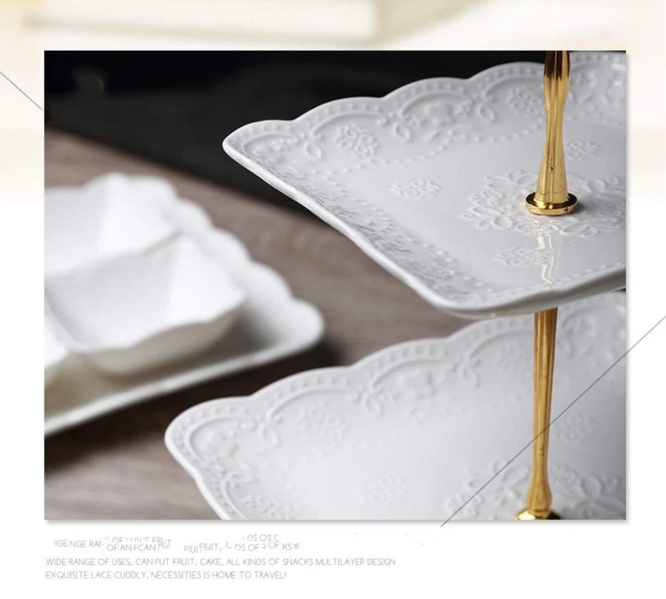 Soporte para Cupcakes de Porcelana de 3 Niveles, Soporte para Servir Pasteles en Niveles, Grabados Cuadrados Blancos... Foto 4 de 4