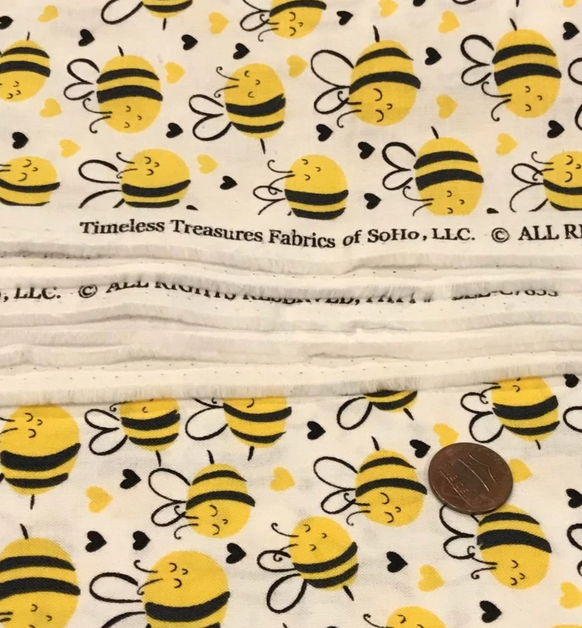 Yellow & Black on White *Bees*Hearts* Timeless Treasures * 100% Cotton * 8"x 22" - Image 4 of 4