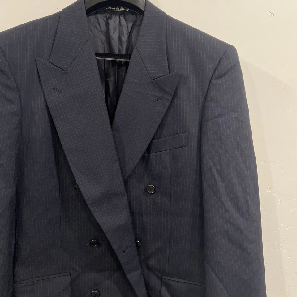 Chaqueta de traje vintage para hombre talla 40R Valentino doble botonadura azul marino a rayas Foto 2 de 4