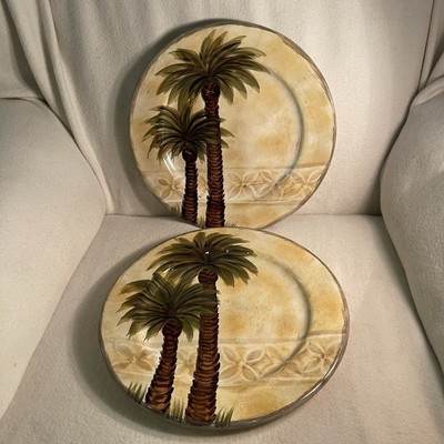 Tabletops Unlimited Bellagio Palm Trees Dinner Plates Handpainted 12.5  Set 2
