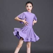 Girls Ballroom Dance Dress Short Flare Sleeve Latin Rumba Tango Dancewear