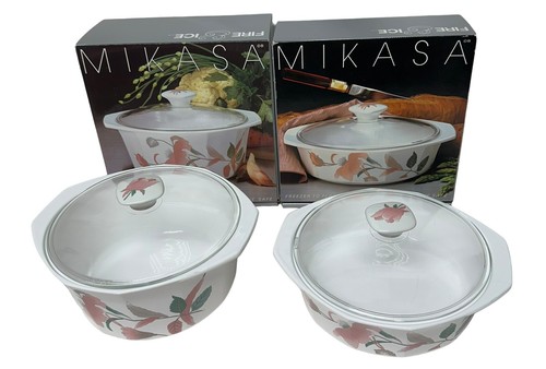 Vintage Mikasa Fire & Ice Casserole AA009 White Flowers Japan 2 Quarts Lot Of 2 - Picture 16 of 17