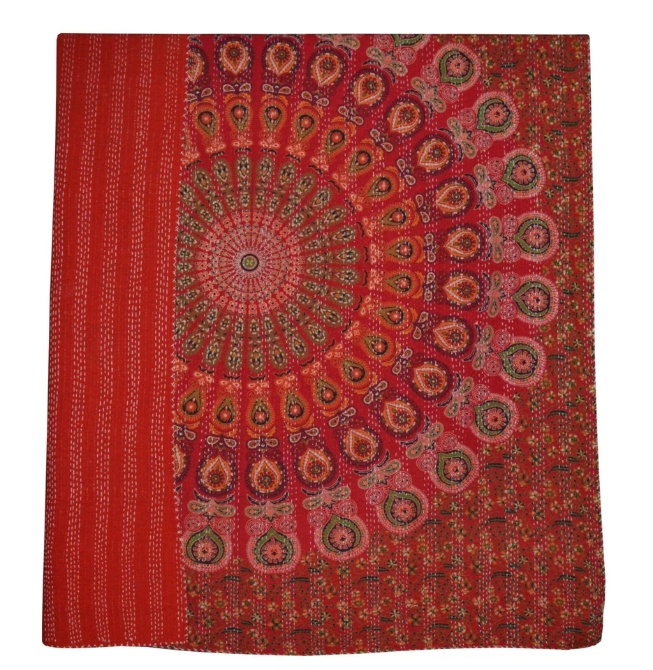 Indian Handmade Kantha Quilt Mandala Red Twin Cotton Bedspread Ethnic Blanket - Image 2 of 4