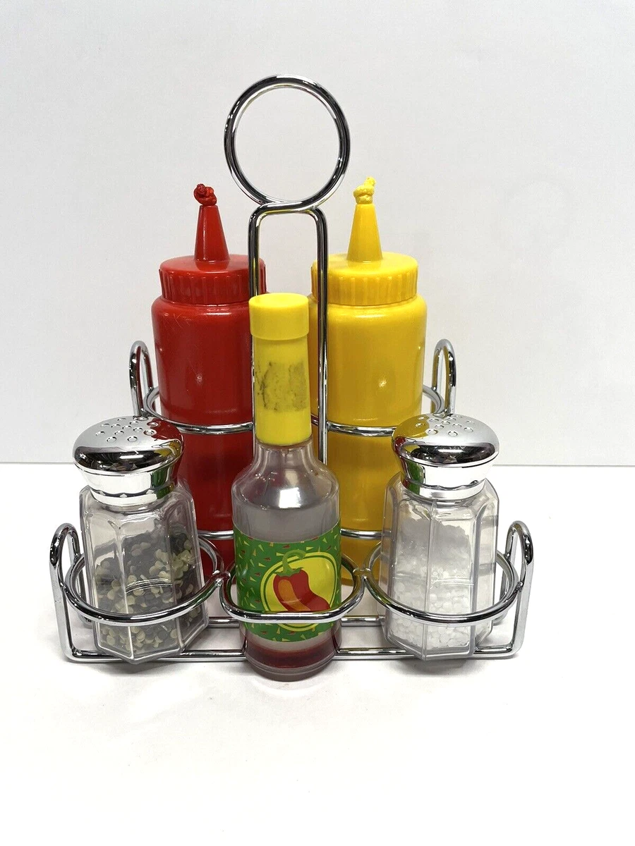 Melissa & Doug Condiment Set Ketchup Mustard Hot Sauce Salt Pepper & Caddy  6 Pcs