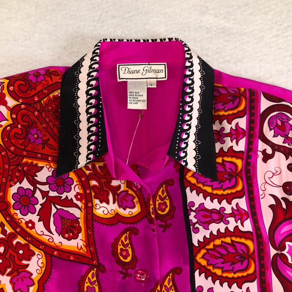 Blusa de seda para mujer Diane Gilman talla L colorida rosa cebras botón delantero nueva con etiquetas Foto 2 de 4