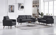 Dark Gray Linen Upholstered 3 Pc Stationary Tufted Back Living Room Set