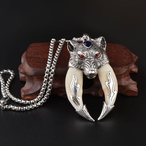 Antique Double Teeth Silver Wolf Talisman Pendant Necklace Gift - Afbeelding 1 van 1