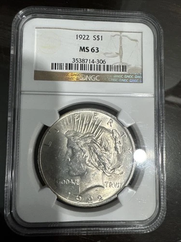 1922 US Silver Dollar, Peace Design, 90% Silver, Philadelphia Minted NGC MS 63