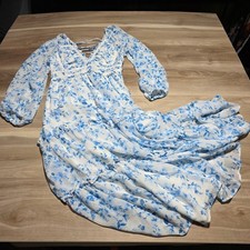 Altar'd State Floral Maxi Dress Women Blue White Lace Up Back Tiered Boho Summer