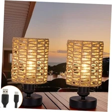 Cordless Outdoor Table Lamps, Small Rattan Boho, Rechargeable Battery Beige-B