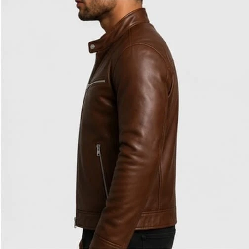 Men's Brown Leather Biker Jacket Cafe Racer Style Stand Collar Zip Pockets Men - product detail image 5