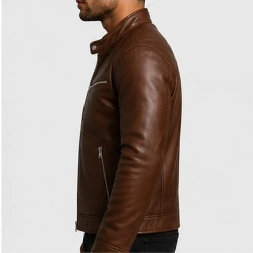 Men's Brown Leather Biker Jacket Cafe Racer Style Stand Collar Zip Pockets Men image 5