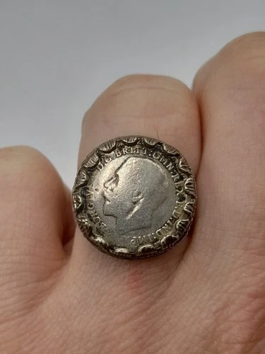 1916 Vintage English Sterling 925 Silver Threepence 3d Coin Ring - UK Size P