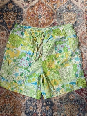 Lilly Pulitzer Lined Swim Trunk Shorts Green Floral Size Medium