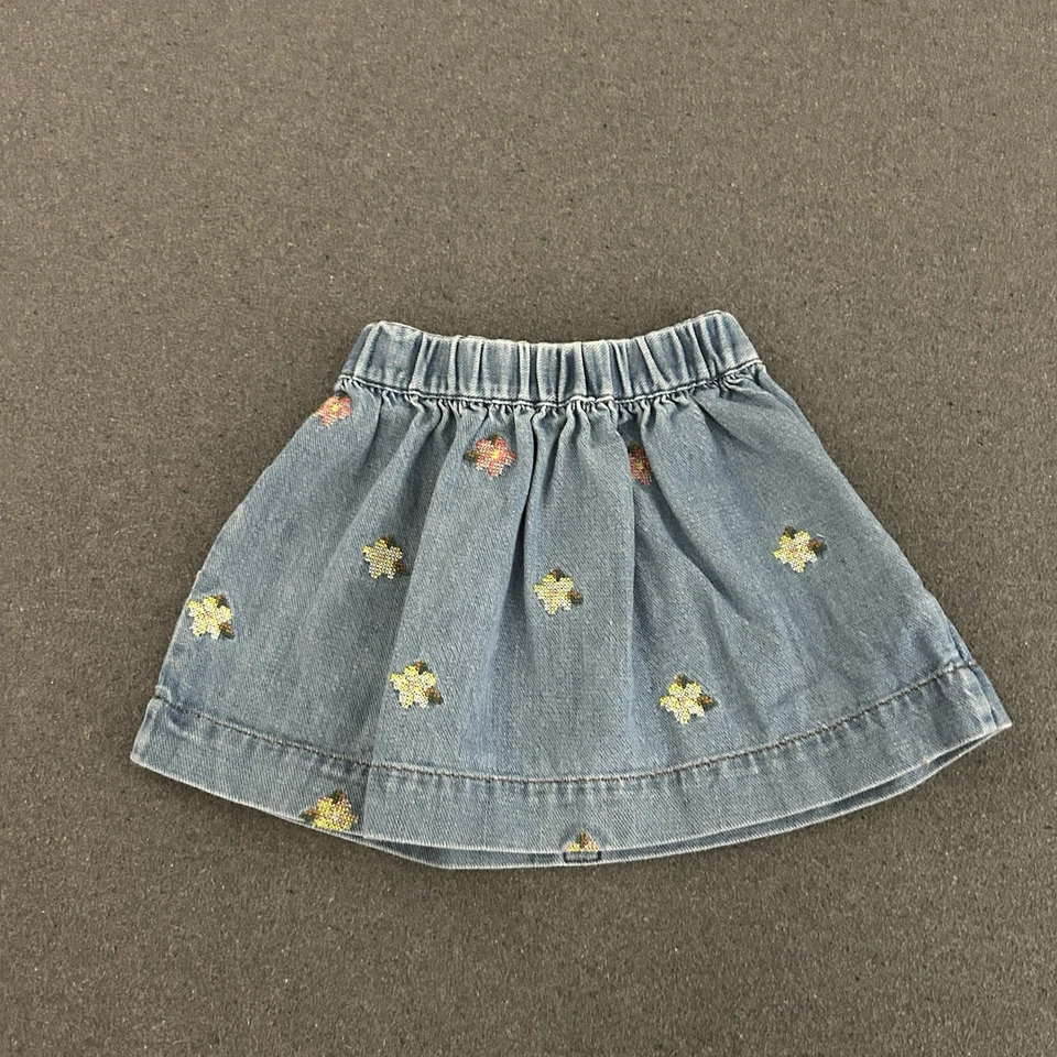 Mini Boden Girls Denim Skirt 3 - 4 Y Floral Embroidered Pull On Twirly Chambray - Image 4 of 4
